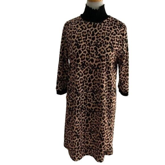 ZARA LADIES PARTIAL SLEEVE ANIMAL LEOPARD PRINT MIDI DRESS SIZE MEDIUM